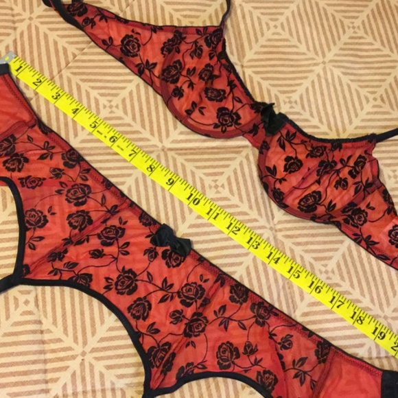 GORGEOUS Delicate red and black mesh flocked bra and garter set, 34B, small - Picture 6 of 10